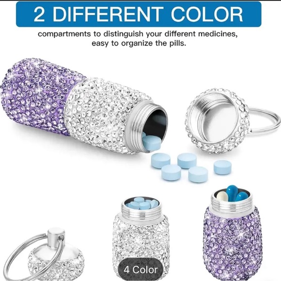 Portable Bling Keychain Pill Box 2 Compartments Small Travel Pill Case - Picture 6 of 10